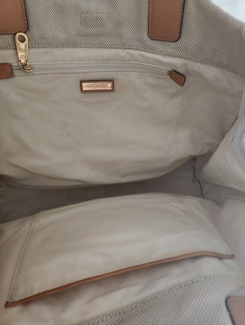 Tory Burch Ella Large Canvas And Leather Tote in Beige and Tan - Picture 12 of 15